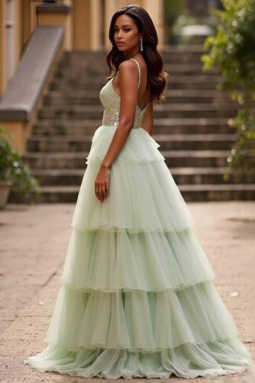 Sparkly Light Green Spaghetti Straps Tiered Long Formal Dress with Sequins